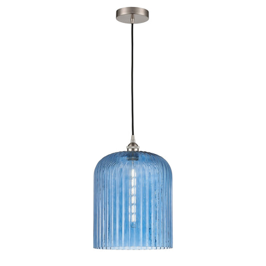 Innovations Bridal Veil 5in 1-Light Mini Pendant | Art Nouveau Brushed Satin Nickel and Princess Blue Ribbed Glass | Kitchen | Model 616-1P-SN-G559-12BL