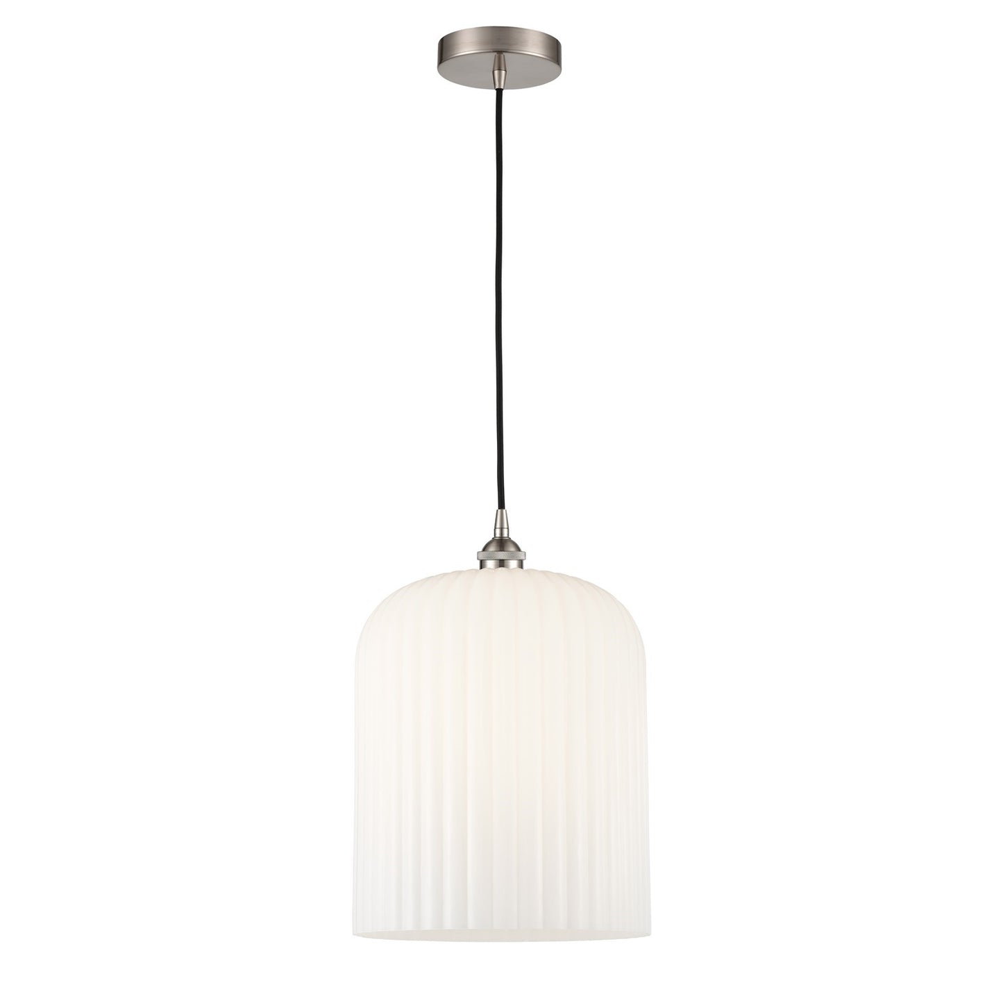 Innovations Bridal Veil 5in 1-Light Mini Pendant | Industrial Brushed Satin Nickel and Gloss White Ribbed Glass | Kitchen | Model 616-1P-SN-G559-12GWH