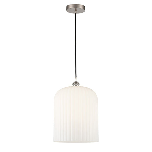 Innovations Bridal Veil 5in 1-Light Mini Pendant | Industrial Brushed Satin Nickel and Gloss White Ribbed Glass | Kitchen | Model 616-1P-SN-G559-12GWH