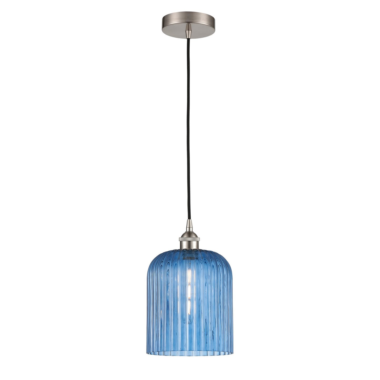 Innovations Bridal Veil 5in 1-Light Mini Pendant | Art Nouveau Brushed Satin Nickel and Princess Blue Ribbed Glass | Kitchen | Model 616-1P-SN-G559-8BL