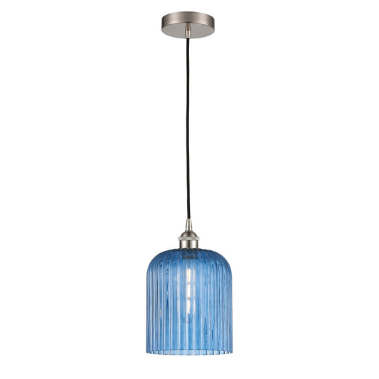 Innovations Bridal Veil 5in 1-Light Mini Pendant | Art Nouveau Brushed Satin Nickel and Princess Blue Ribbed Glass | Kitchen | Model 616-1P-SN-G559-8BL