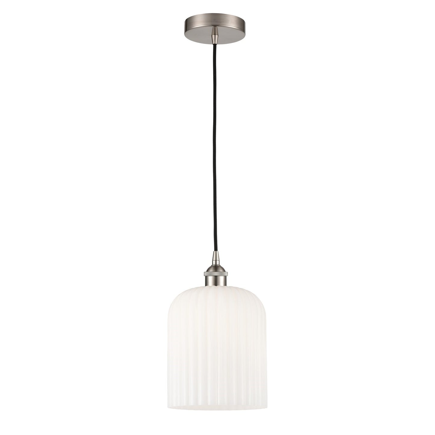Innovations Bridal Veil 5in 1-Light Mini Pendant | Industrial Brushed Satin Nickel and Gloss White Ribbed Glass | Kitchen | Model 616-1P-SN-G559-8GWH