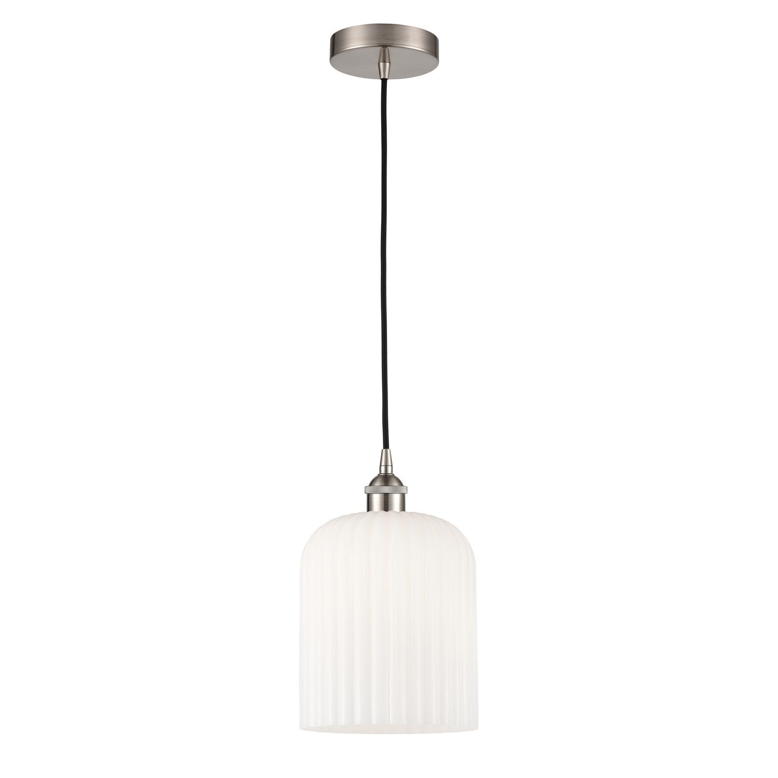 Innovations Bridal Veil 5in 1-Light Mini Pendant | Industrial Brushed Satin Nickel and Gloss White Ribbed Glass | Kitchen | Model 616-1P-SN-G559-8GWH