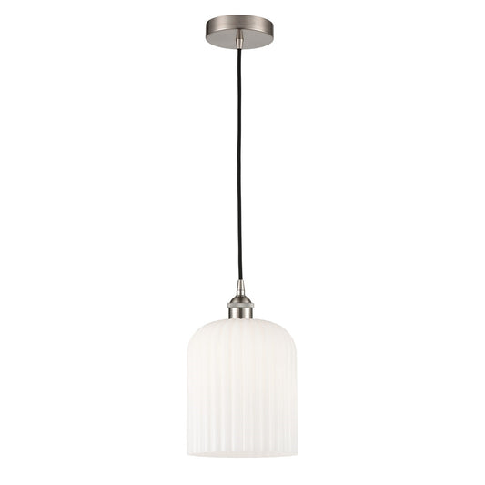 Innovations Bridal Veil 5in 1-Light Mini Pendant | Industrial Brushed Satin Nickel and Gloss White Ribbed Glass | Kitchen | Model 616-1P-SN-G559-8GWH
