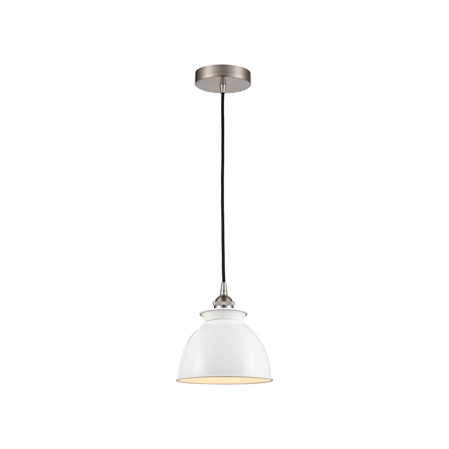 Innovations Adirondack 8.25in 1-Light Mini Pendant | Industrial Brushed Satin Nickel and Glossy White Metal Shade | Kitchen Island | Model 616-1P-SN-M14-W