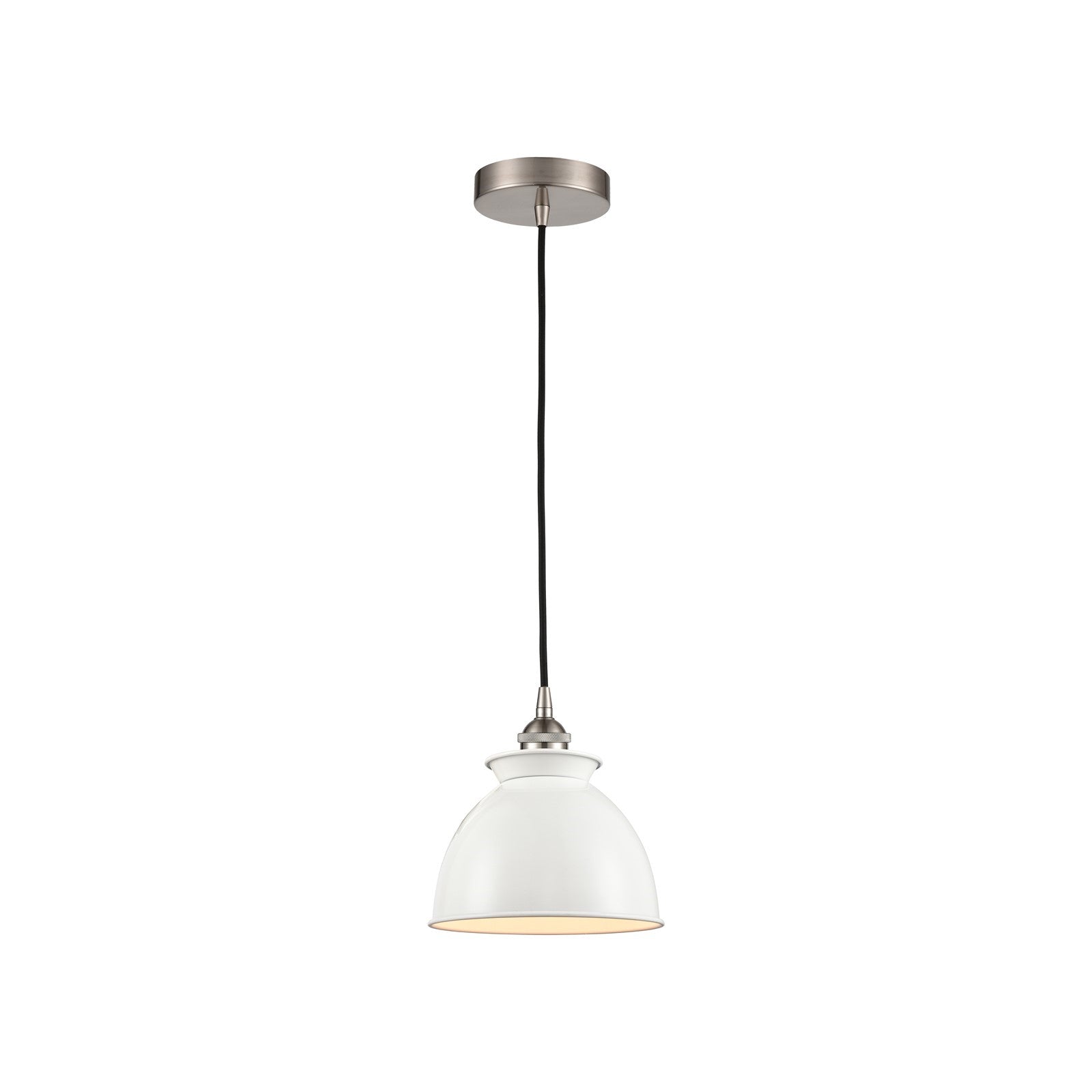 Innovations Adirondack 8.25in 1-Light Mini Pendant | Industrial Brushed Satin Nickel and Glossy White Metal Shade | Kitchen Island | Model 616-1P-SN-M14-W