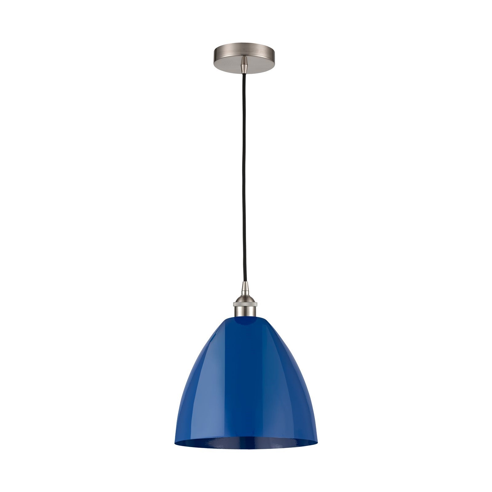 Innovations Plymouth 12in 1-Light Mini Pendant | Industrial Farmhouse Brushed Satin Nickel and Matte Blue Metal | Kitchen | Model 616-1P-SN-MBD-12-BL-LED