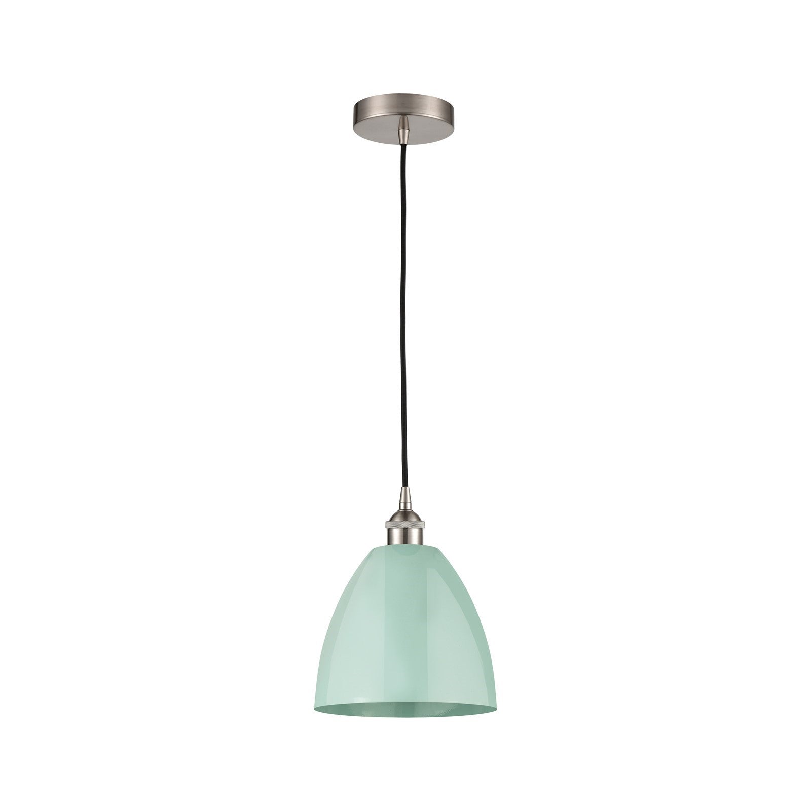 Innovations Plymouth 9in 1-Light Mini Pendant | Industrial Brushed Satin Nickel Steel and Matte Seafoam Metal Shade | Model 616-1P-SN-MBD-9-SF-LED