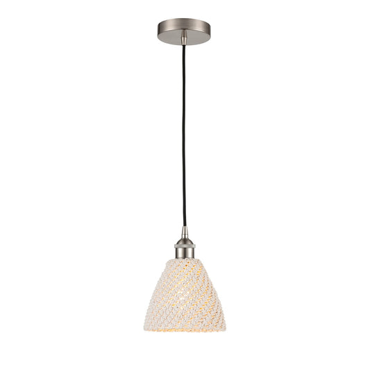 Innovations Bristol Natural 8in 1-Light Mini Pendant | Farmhouse Brushed Satin Nickel and Natural Fiber Dome Shade | Kitchen | Model 616-1P-SN-NBD-75-NAT