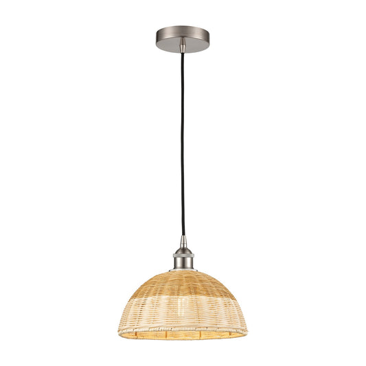 Innovations Natural Ballston Dome 12in 1-Light Mini Pendant | Farmhouse Brushed Satin Nickel and Natural Fiber Basketweave | Model 616-1P-SN-NBD2-12-NAT
