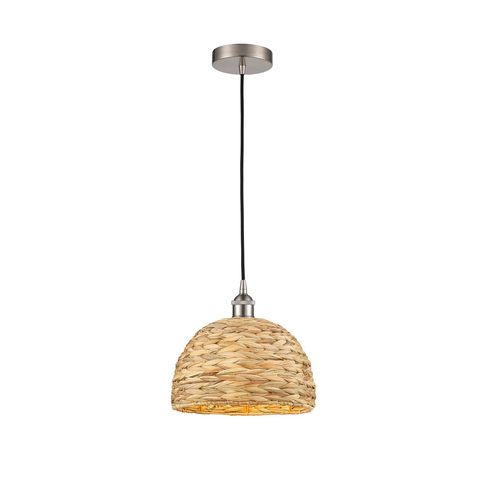 Innovations Woven Rattan 12in 1-Light Mini Pendant | Industrial Brushed Satin Nickel and Natural Fiber Dome Shade | Kitchen | Model 616-1P-SN-RBD-12-NAT
