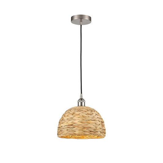 Innovations Woven Rattan 12in 1-Light Mini Pendant | Industrial Brushed Satin Nickel and Natural Fiber Dome Shade | Kitchen | Model 616-1P-SN-RBD-12-NAT