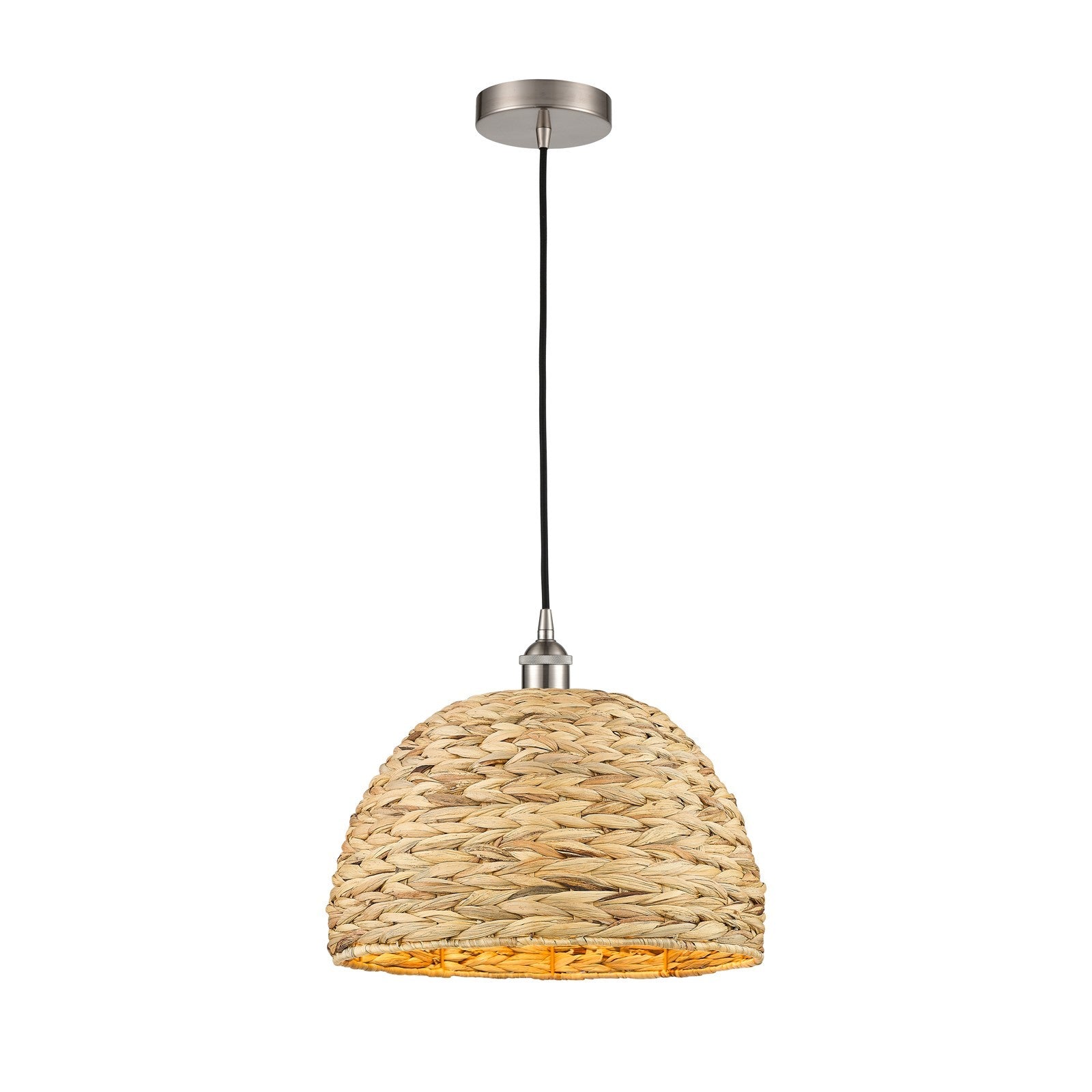 Innovations Woven Rattan 16in 1-Light Mini Pendant | Industrial Brushed Satin Nickel and Natural Fiber Dome Shade | Kitchen | Model 616-1P-SN-RBD-16-NAT
