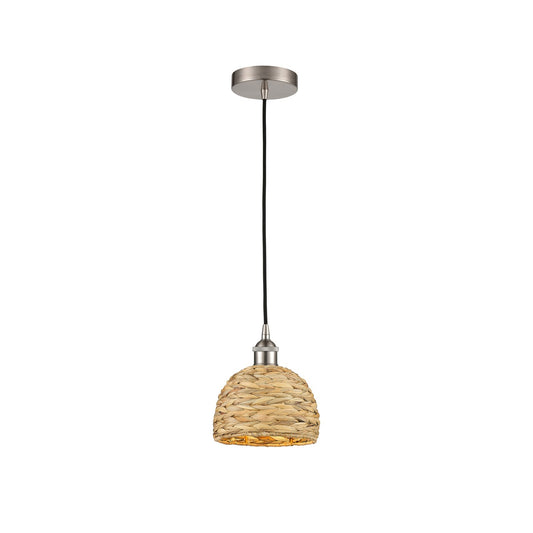 Innovations Woven Rattan 8in 1-Light Mini Pendant | Rustic Farmhouse Satin Nickel and Natural Woven Rattan | Kitchen Island & | Model 616-1P-SN-RBD-8-NAT