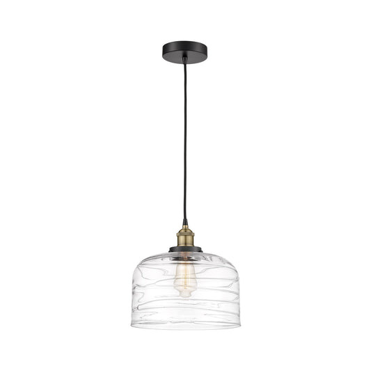 Innovations Bell 12in 1-Light Mini Pendant | Industrial Black Antique Brass and Clear Deco Swirl Glass | Kitchen Island & | Model 616-1PH-BAB-G713-L