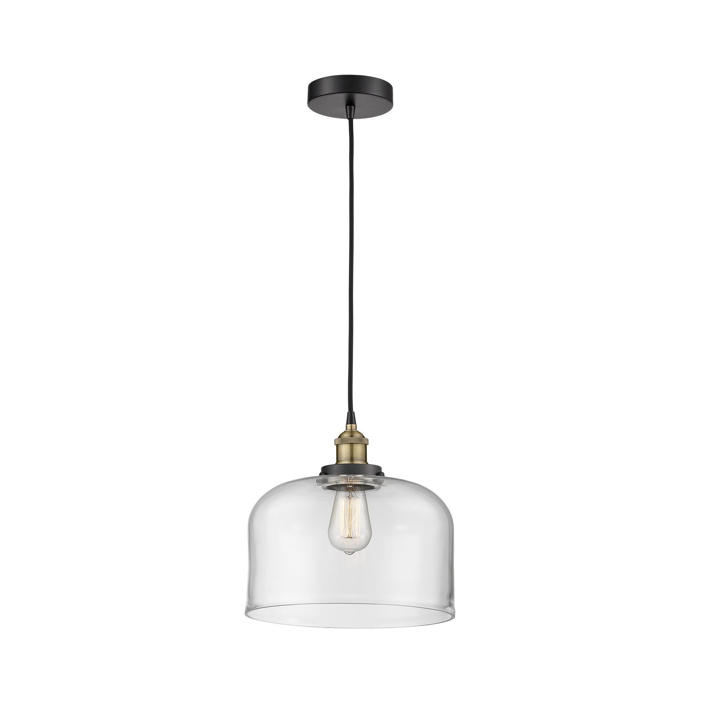 Innovations Bell 12in 1-Light Mini Pendant | Industrial Black Antique Brass Steel and Clear Glass | Kitchen Island & Dining Room | Model 616-1PH-BAB-G72-L