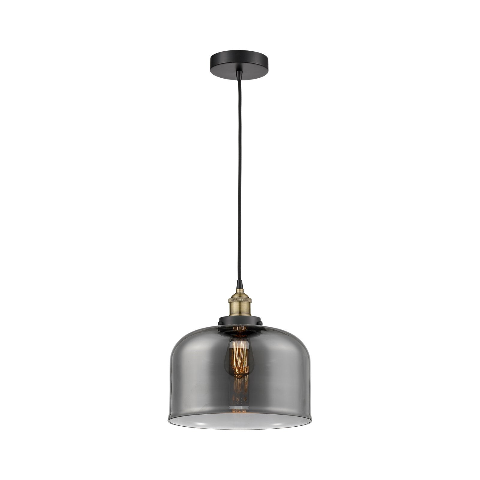 Innovations Bell 11.5in 1-Light Mini Pendant | Industrial Black Antique Brass Steel and Light Smoke Glass | Kitchen Island & | Model 616-1PH-BAB-G73-L