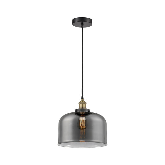 Innovations Bell 11.5in 1-Light Mini Pendant | Industrial Black Antique Brass Steel and Light Smoke Glass | Kitchen Island & | Model 616-1PH-BAB-G73-L