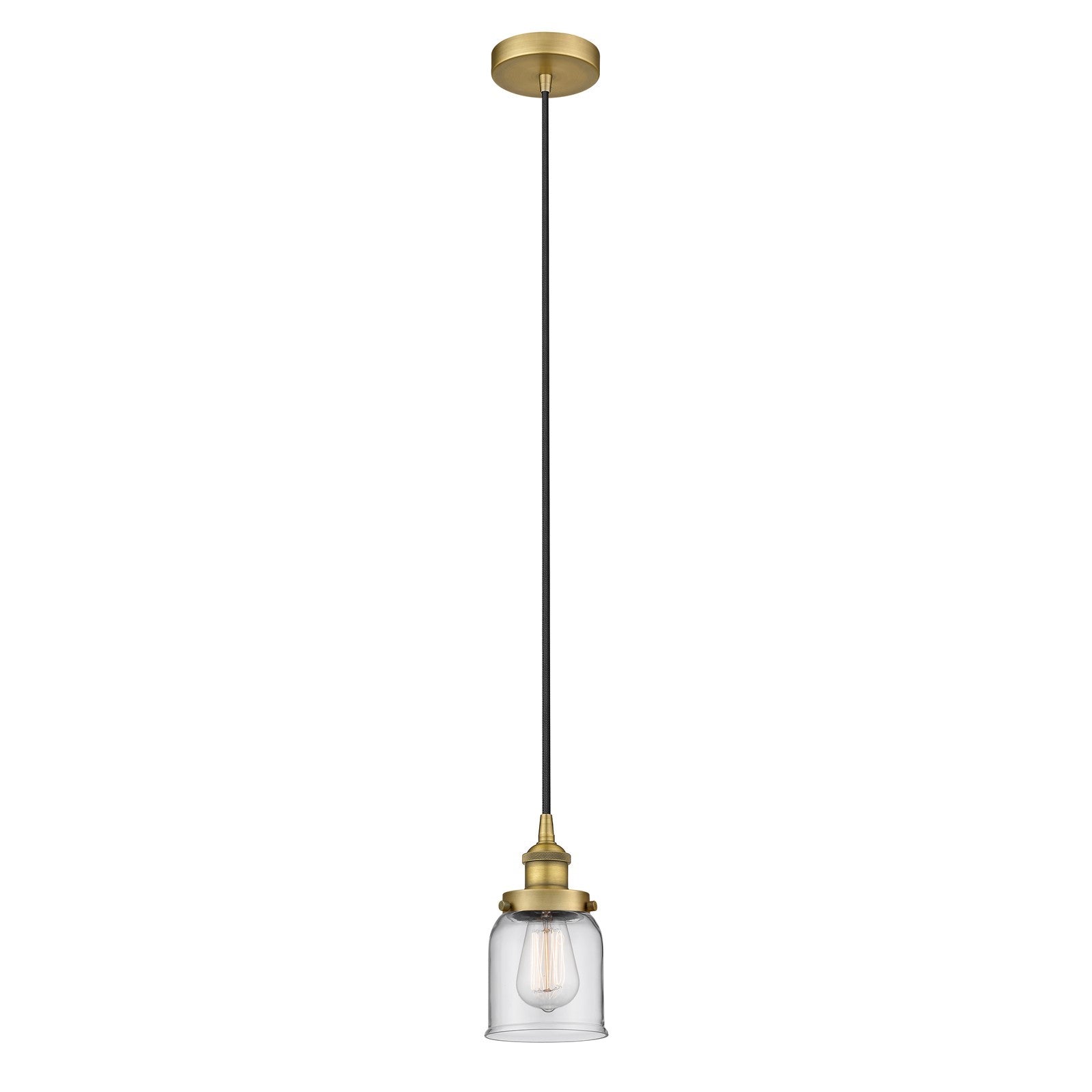 Innovations Bell 5in 1-Light Mini Pendant | Industrial Brushed Brass Steel and Clear Glass | Kitchen Island & Dining Room | Model 616-1PH-BB-G52-LED