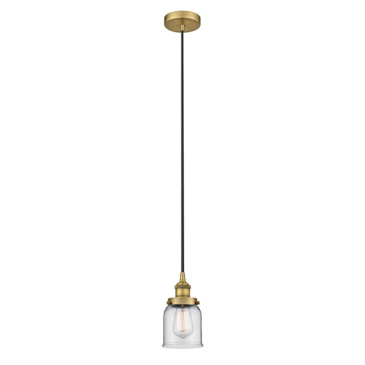 Innovations Bell 5in 1-Light Mini Pendant | Industrial Brushed Brass Steel and Clear Glass | Kitchen Island & Dining Room | Model 616-1PH-BB-G52-LED
