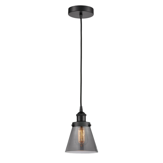 Innovations Cone 6.25in 1-Light Mini Pendant | Industrial Matte Black Steel and Light Smoke Glass | Kitchen Island & Dining | Model 616-1PH-BK-G63-LED