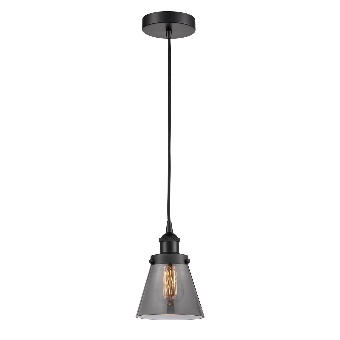 Innovations Cone 6.25in 1-Light Mini Pendant | Industrial Matte Black Steel and Light Smoke Glass | Kitchen Island & Dining | Model 616-1PH-BK-G63-LED