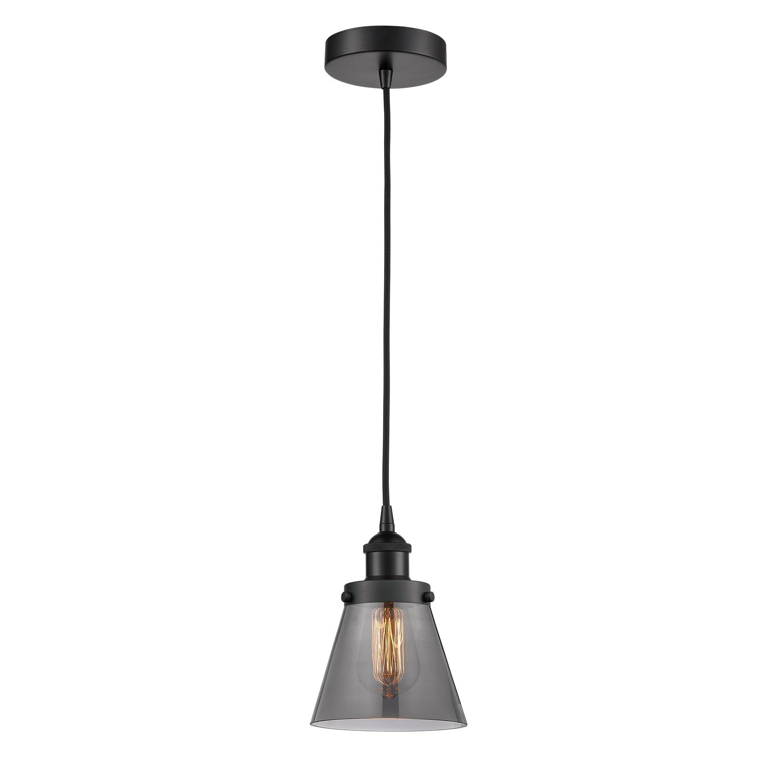 Innovations Cone 6.25in 1-Light Mini Pendant | Industrial Matte Black Steel and Light Smoke Glass | Kitchen Island & Dining | Model 616-1PH-BK-G63-LED