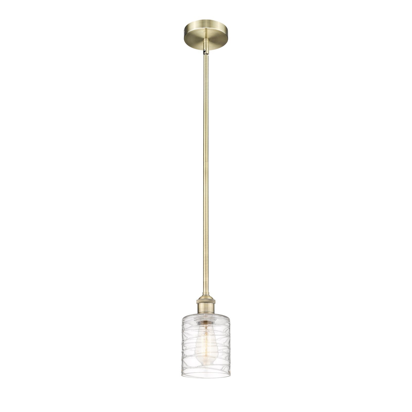 Innovations Cobbleskill 5in 1-Light Mini Pendant | Art Nouveau Antique Brass Steel and Deco Swirl Clear Glass | Kitchen Island & | Model 616-1S-AB-G1113