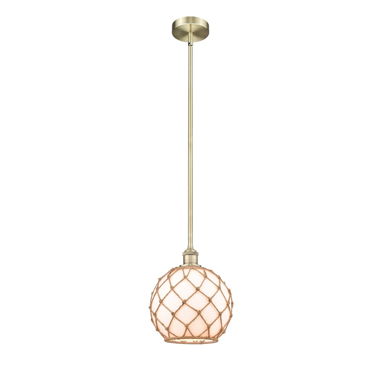 Innovations Farmhouse Rope 10in 1-Light Mini Pendant | Industrial Antique Brass Steel and Matte White Glass with Brown Rope | Model 616-1S-AB-G121-10RB