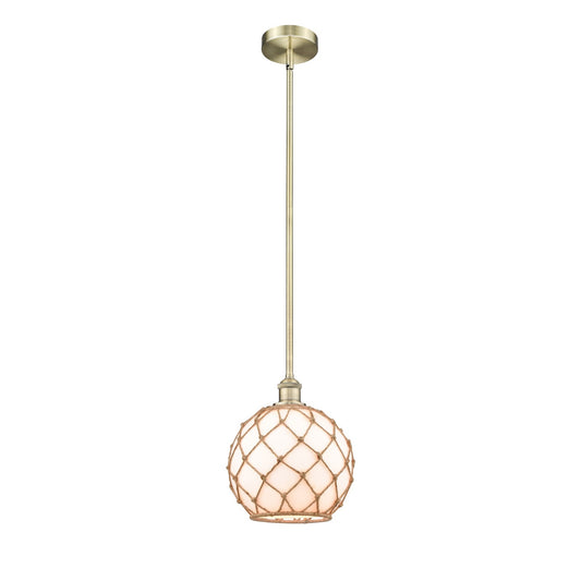Innovations Farmhouse Rope 10in 1-Light Mini Pendant | Industrial Antique Brass Steel and Matte White Glass with Brown Rope | Model 616-1S-AB-G121-10RB