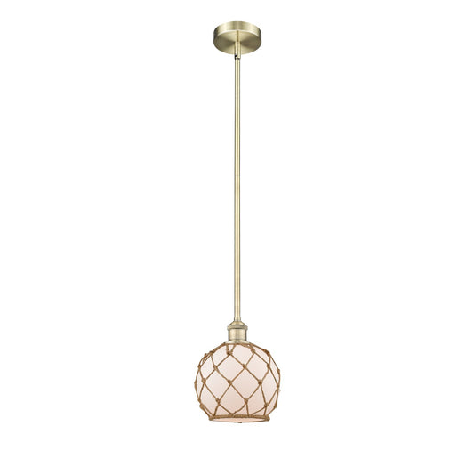 Innovations Farmhouse Rope 8in 1-Light Mini Pendant | Industrial Farmhouse Antique Brass Steel and White Frosted Glass with | Model 616-1S-AB-G121-8RB