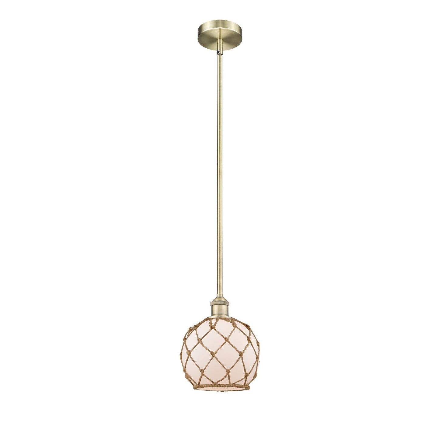 Innovations Farmhouse Rope 8in 1-Light Mini Pendant | Industrial Antique Brass Steel and White Frosted Glass with Brown | Model 616-1S-AB-G121-8RB-LED
