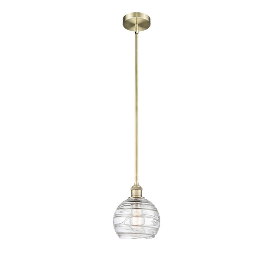Innovations Athens Deco Swirl 8in 1-Light Mini Pendant | Industrial Antique Brass Steel and Clear Deco Swirl Glass | Kitchen | Model 616-1S-AB-G1213-8CL