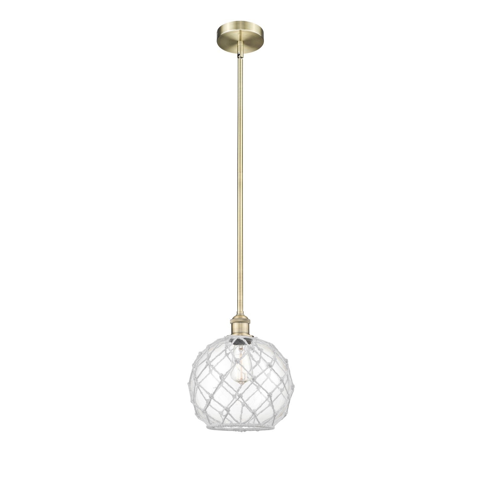 Innovations Farmhouse Rope 10in 1-Light Mini Pendant | Industrial Antique Brass Steel and Clear Glass with White Rope | Model 616-1S-AB-G122-10RW