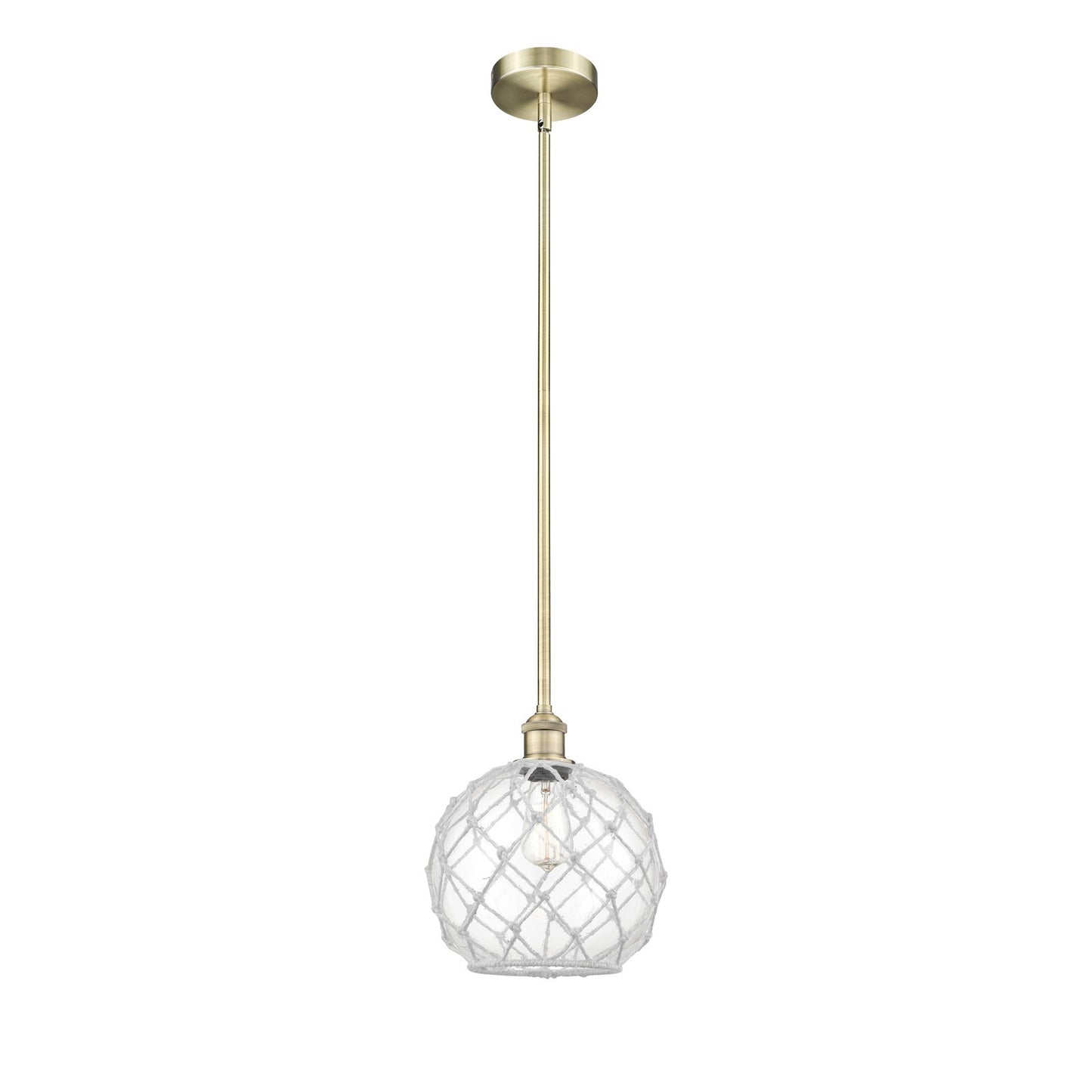 Innovations Farmhouse Rope 10in 1-Light Mini Pendant | Industrial Antique Brass Steel and Clear Glass with White Rope | Model 616-1S-AB-G122-10RW