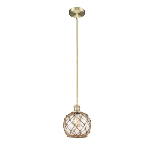 Innovations Farmhouse Rope 8in 1-Light Mini Pendant | Industrial Antique Brass Steel and Clear Glass with Brown Rope | Kitchen | Model 616-1S-AB-G122-8RB