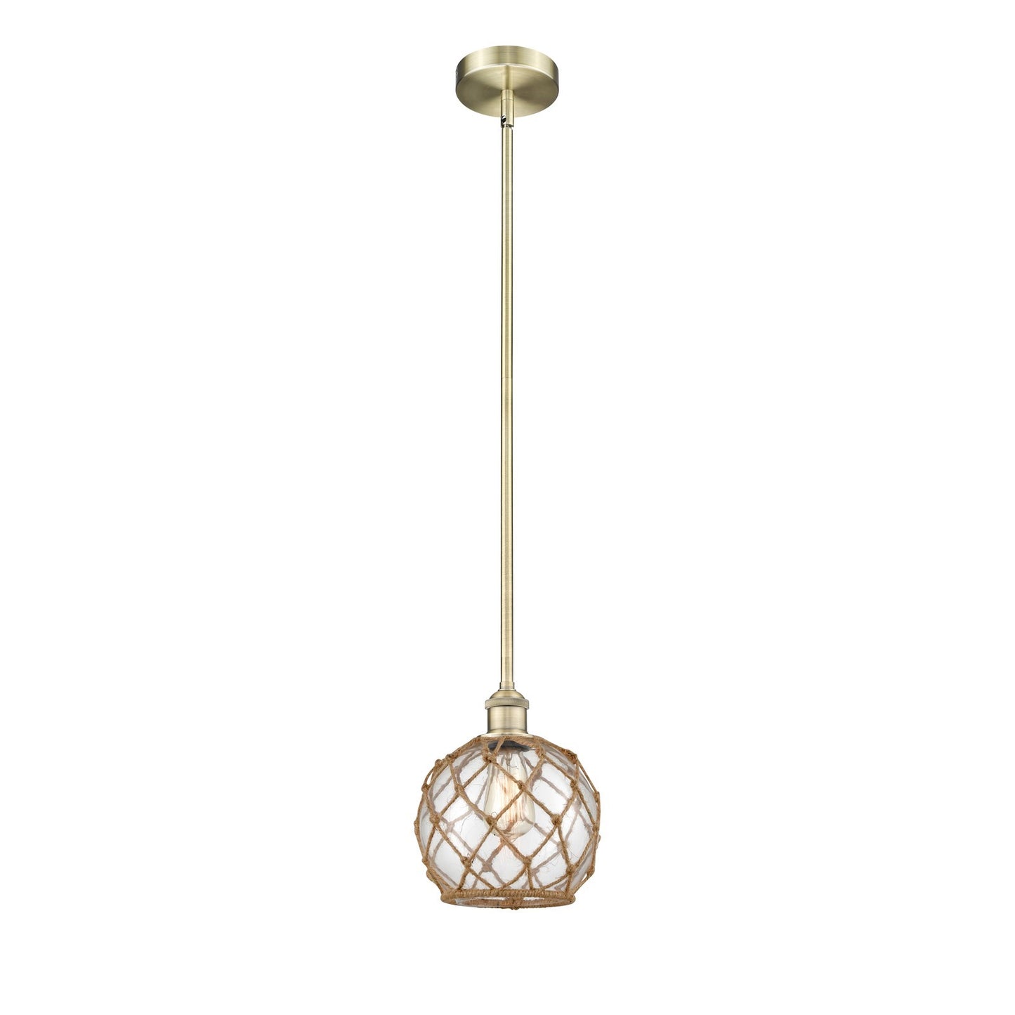 Innovations Farmhouse Rope 8in 1-Light Mini Pendant | Industrial Antique Brass Steel and Clear Glass with Brown Rope | Kitchen | Model 616-1S-AB-G122-8RB