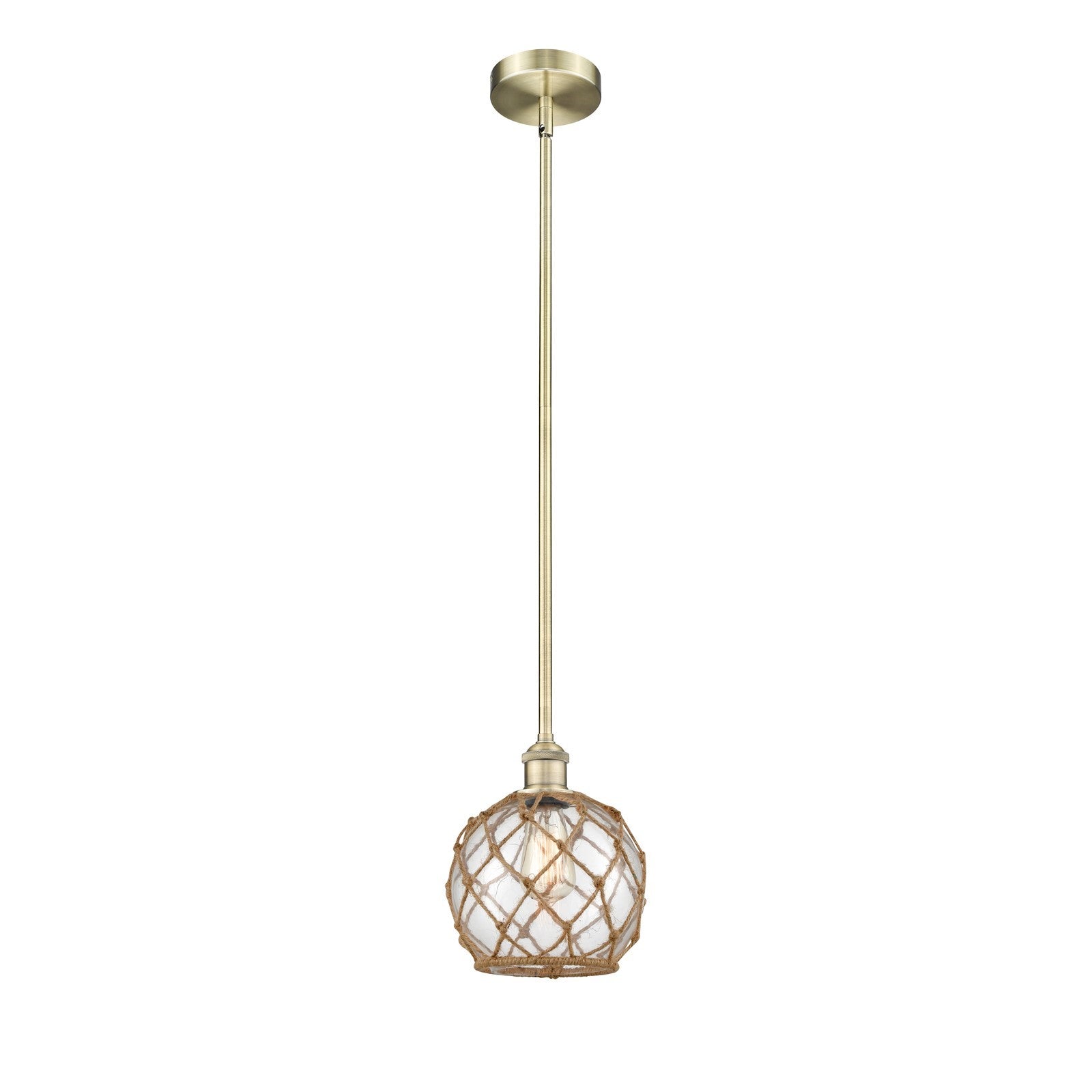 Innovations Farmhouse Rope 8in 1-Light Mini Pendant | Industrial Antique Brass Steel and Clear Glass with Brown Rope | Model 616-1S-AB-G122-8RB-LED
