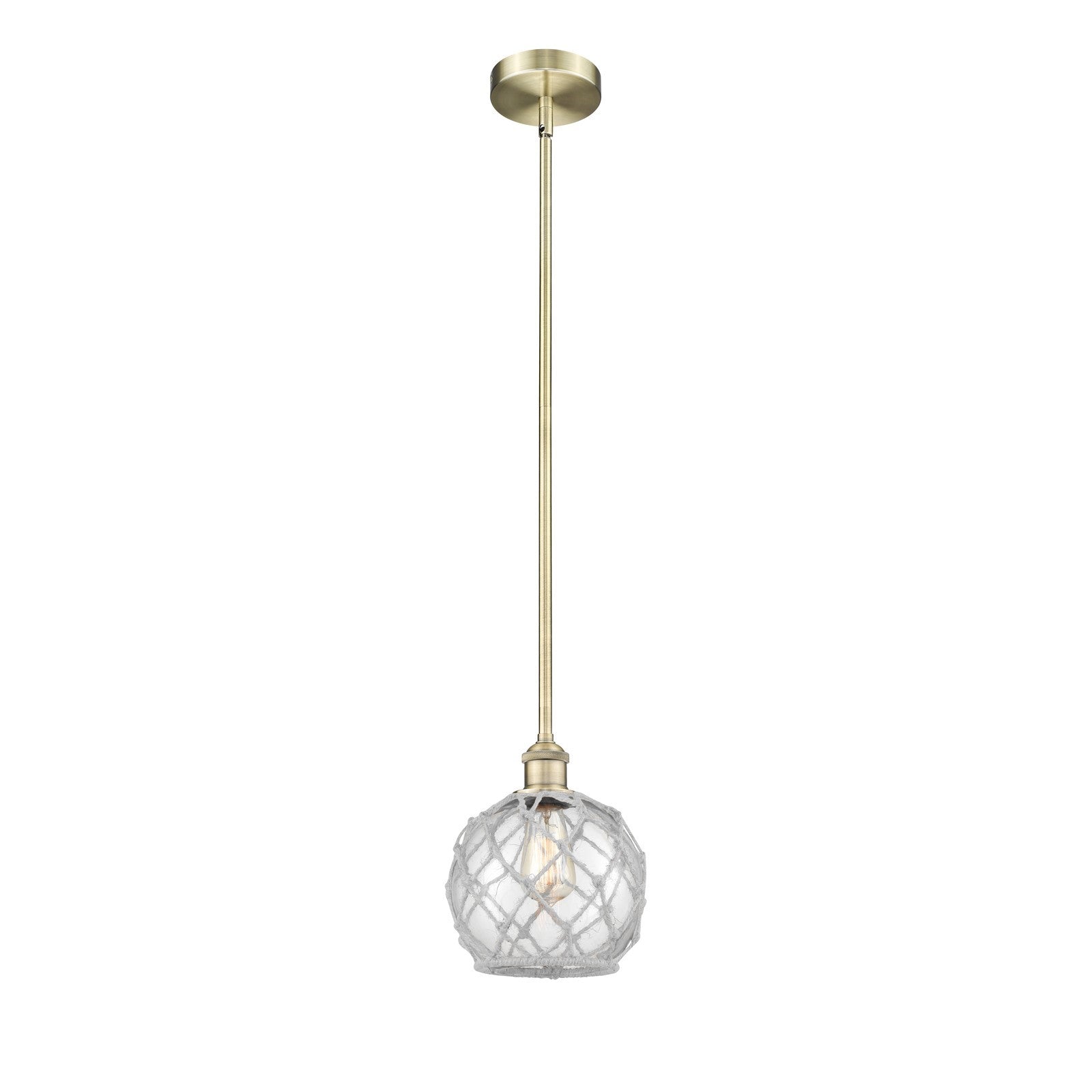 Innovations Farmhouse Rope 8in 1-Light Mini Pendant | Industrial Antique Brass Steel and Clear Glass with White Rope | Kitchen | Model 616-1S-AB-G122-8RW