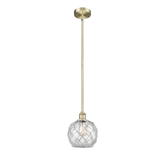 Innovations Farmhouse Rope 8in 1-Light Mini Pendant | Industrial Antique Brass Steel and Clear Glass with White Rope | Kitchen | Model 616-1S-AB-G122-8RW