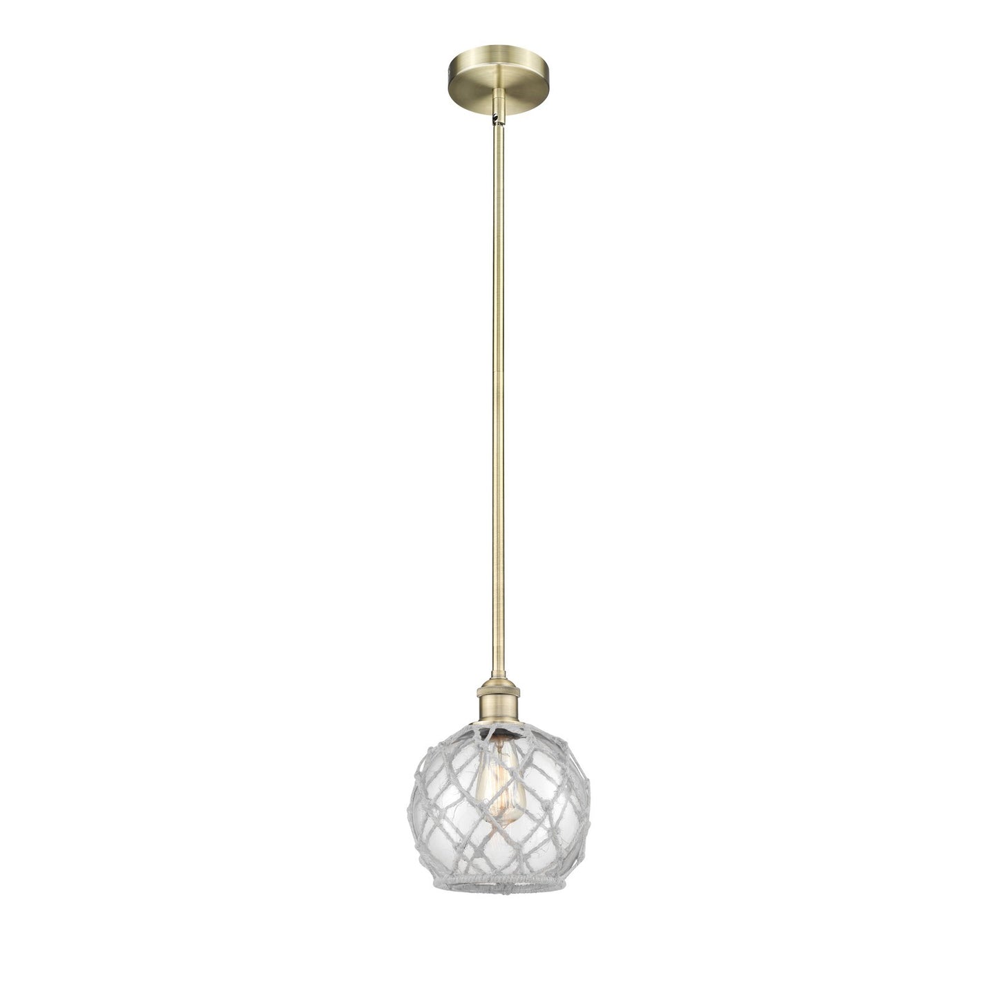 Innovations Farmhouse Rope 8in 1-Light Mini Pendant | Industrial Antique Brass Steel and Clear Glass with White Rope | Kitchen | Model 616-1S-AB-G122-8RW