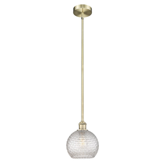 Innovations Athens 8in 1-Light Mini Pendant | Modern Farmhouse Antique Brass Steel and Clear Basket Weave Glass | Kitchen | Model 616-1S-AB-G122C-8CL
