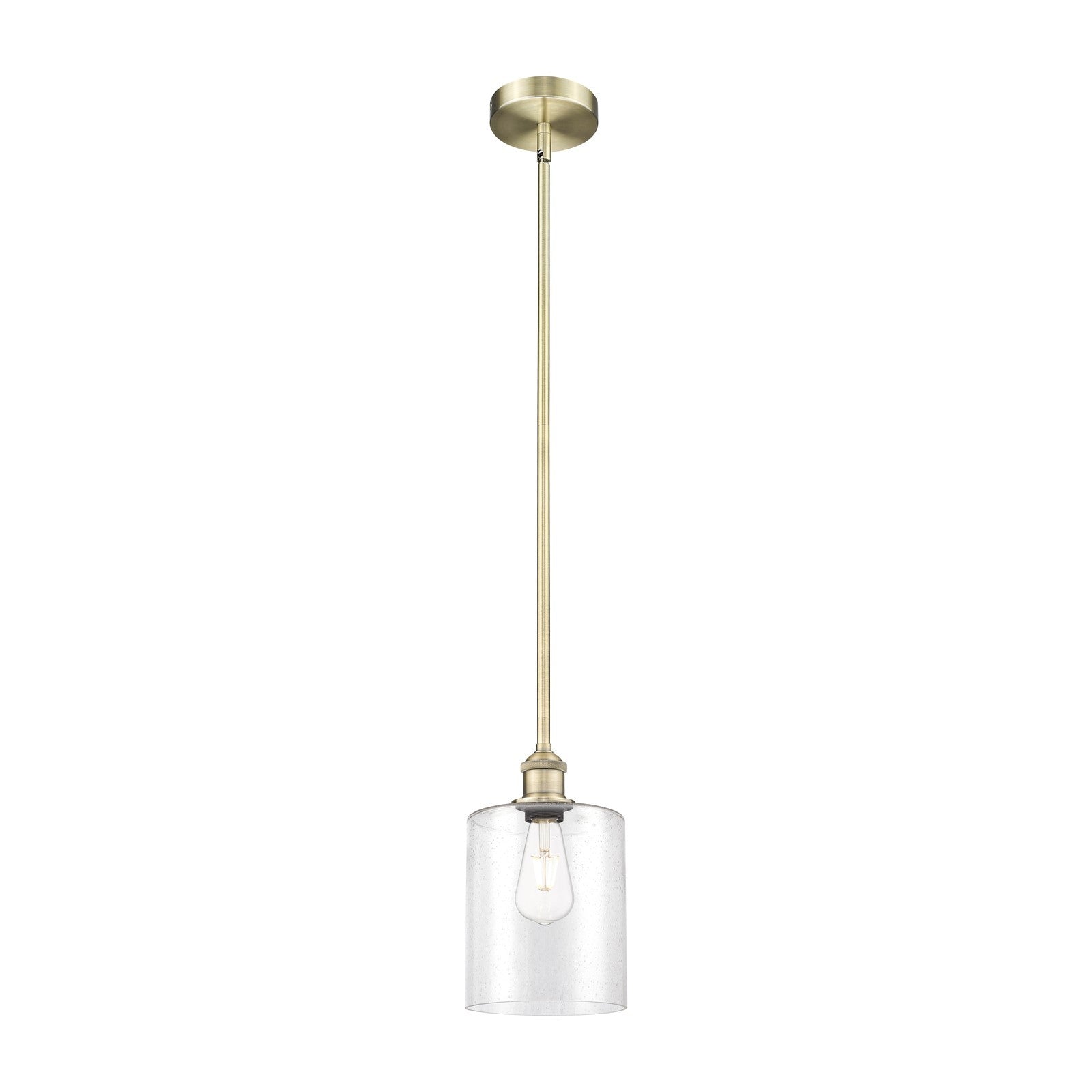 Innovations Paladin 7in 1-Light Mini Pendant | Farmhouse Antique Brass Steel and Seedy Glass Cylinder | Kitchen Island & Dining | Model 616-1S-AB-G4424-7