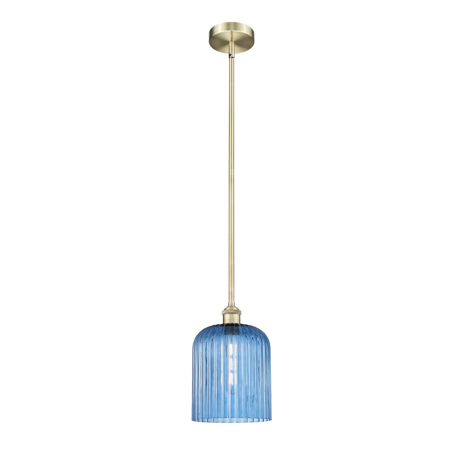 Innovations Bridal Veil 5in 1-Light Mini Pendant | Art Nouveau Antique Brass and Princess Blue Ribbed Glass | Kitchen Island & | Model 616-1S-AB-G559-8BL