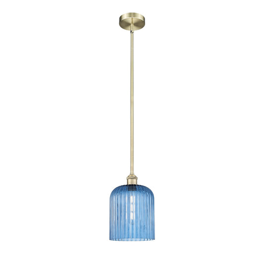 Innovations Bridal Veil 5in 1-Light Mini Pendant | Art Nouveau Antique Brass and Princess Blue Ribbed Glass | Kitchen Island & | Model 616-1S-AB-G559-8BL