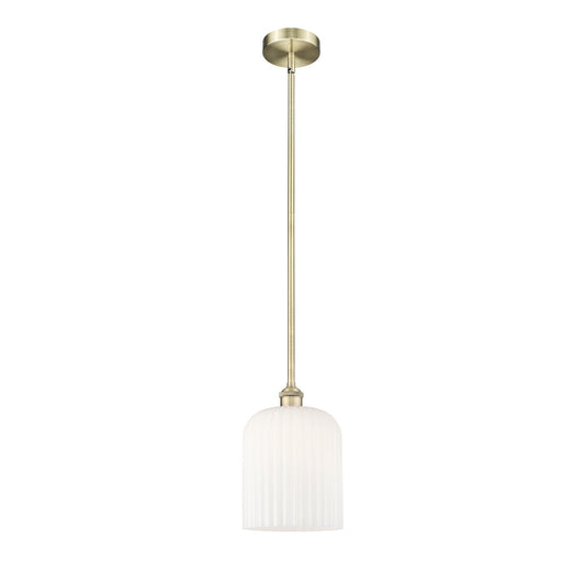 Innovations Bridal Veil 5in 1-Light Mini Pendant | Art Nouveau Antique Brass and Gloss White Ribbed Glass | Kitchen Island & | Model 616-1S-AB-G559-8GWH