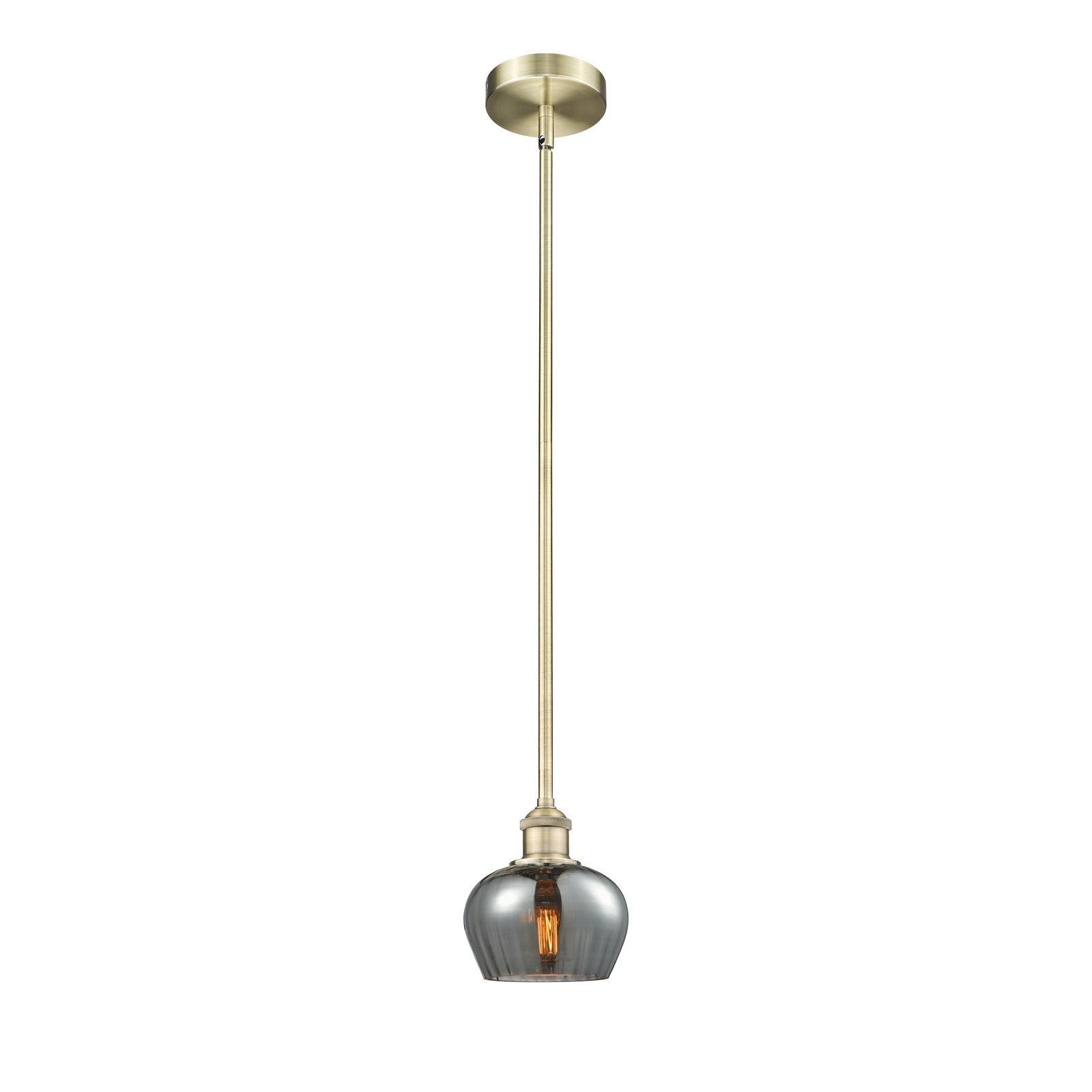 Innovations Lighting Fenton 1-Light Mini Pendant | Industrial Antique Brass Steel and Light Smoke Ribbed Glass | Kitchen Island & | Model 616-1S-AB-G93