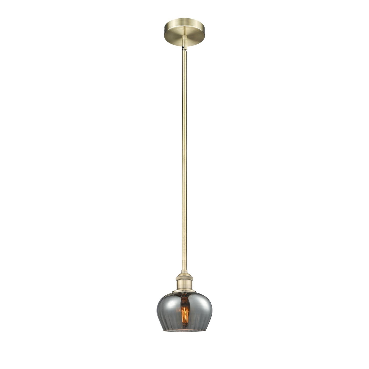 Innovations Lighting Fenton 1-Light Mini Pendant | Industrial Antique Brass Steel and Light Smoke Ribbed Glass | Kitchen Island & | Model 616-1S-AB-G93
