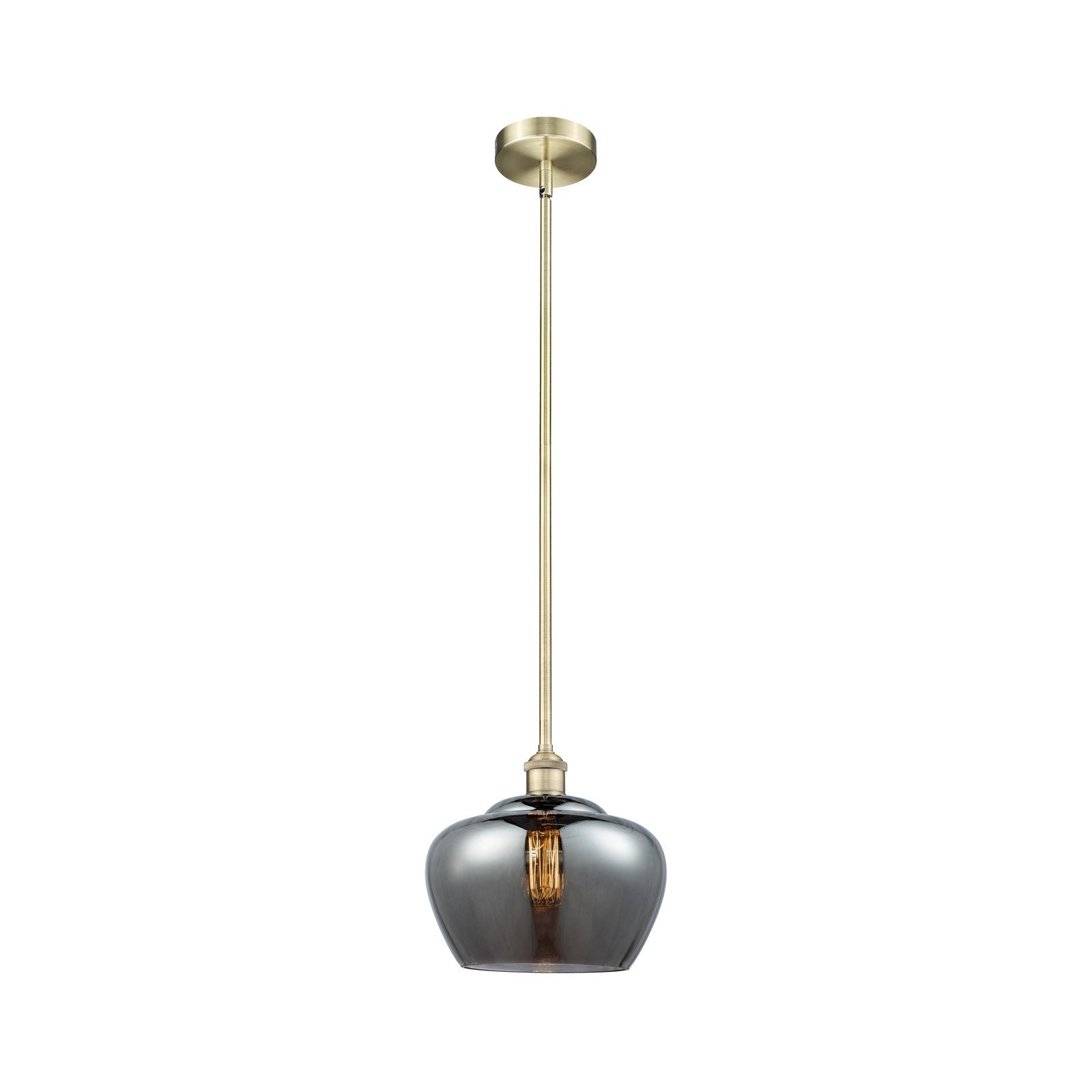 Innovations Fenton 11in 1-Light Mini Pendant | Industrial Antique Brass Steel and Light Smoke Ribbed Glass | Kitchen Island & | Model 616-1S-AB-G93-L-LED