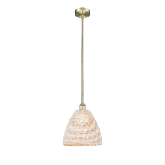 Innovations Bristol Natural 12in 1-Light Mini Pendant | Farmhouse Antique Brass Steel and Natural Fiber Dome | Kitchen Island | Model 616-1S-AB-NBD-12-NAT